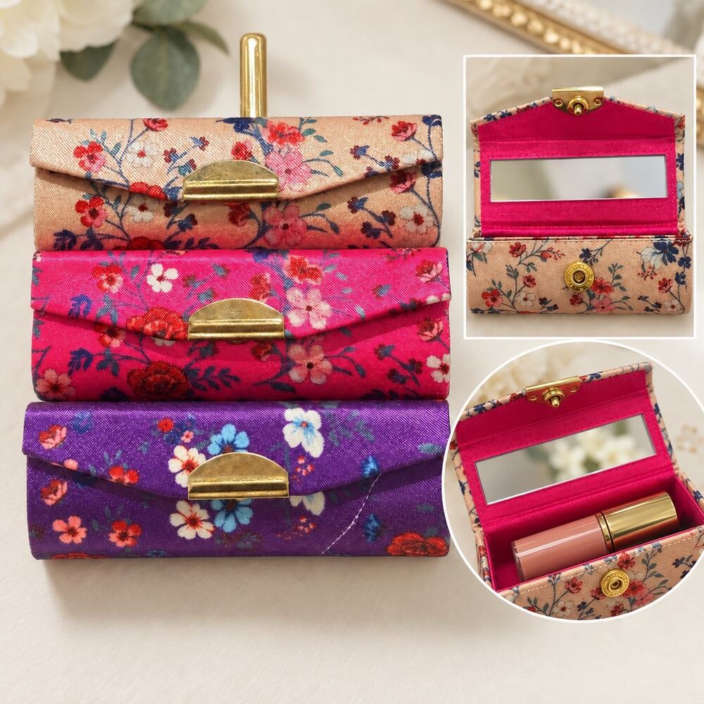 3 lipstick Chapstick holders, floral flower, vintage inspired pink purple mirror